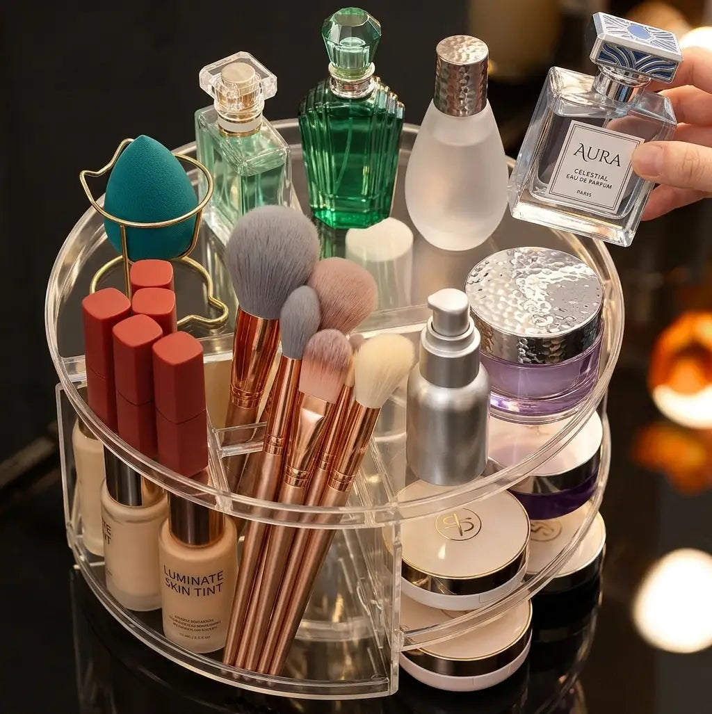 Rotating Cosmetic Organizer — Diamond Pattern Makeup Storage Stand