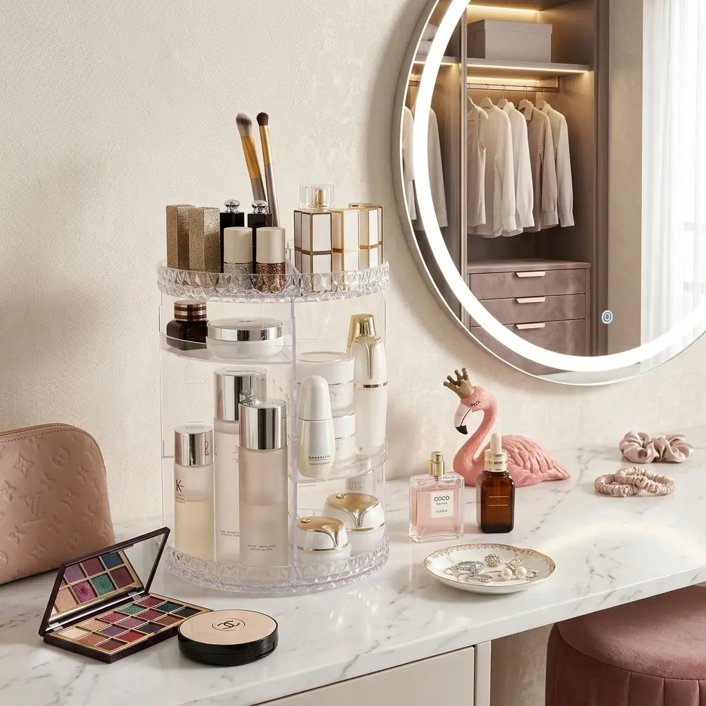 Rotating Cosmetic Organizer — Diamond Pattern Makeup Storage Stand